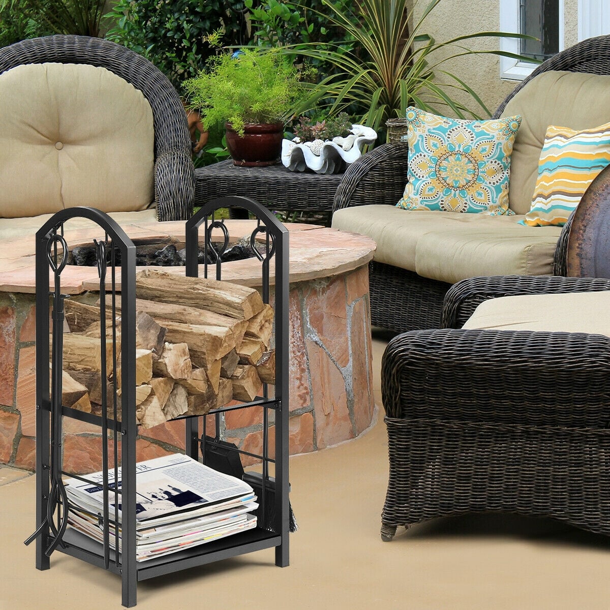 Fireplace Log Rack with 4 Tools Set Fireside Firewood Holder-Log Racks & Carriers-DECOROLALA
