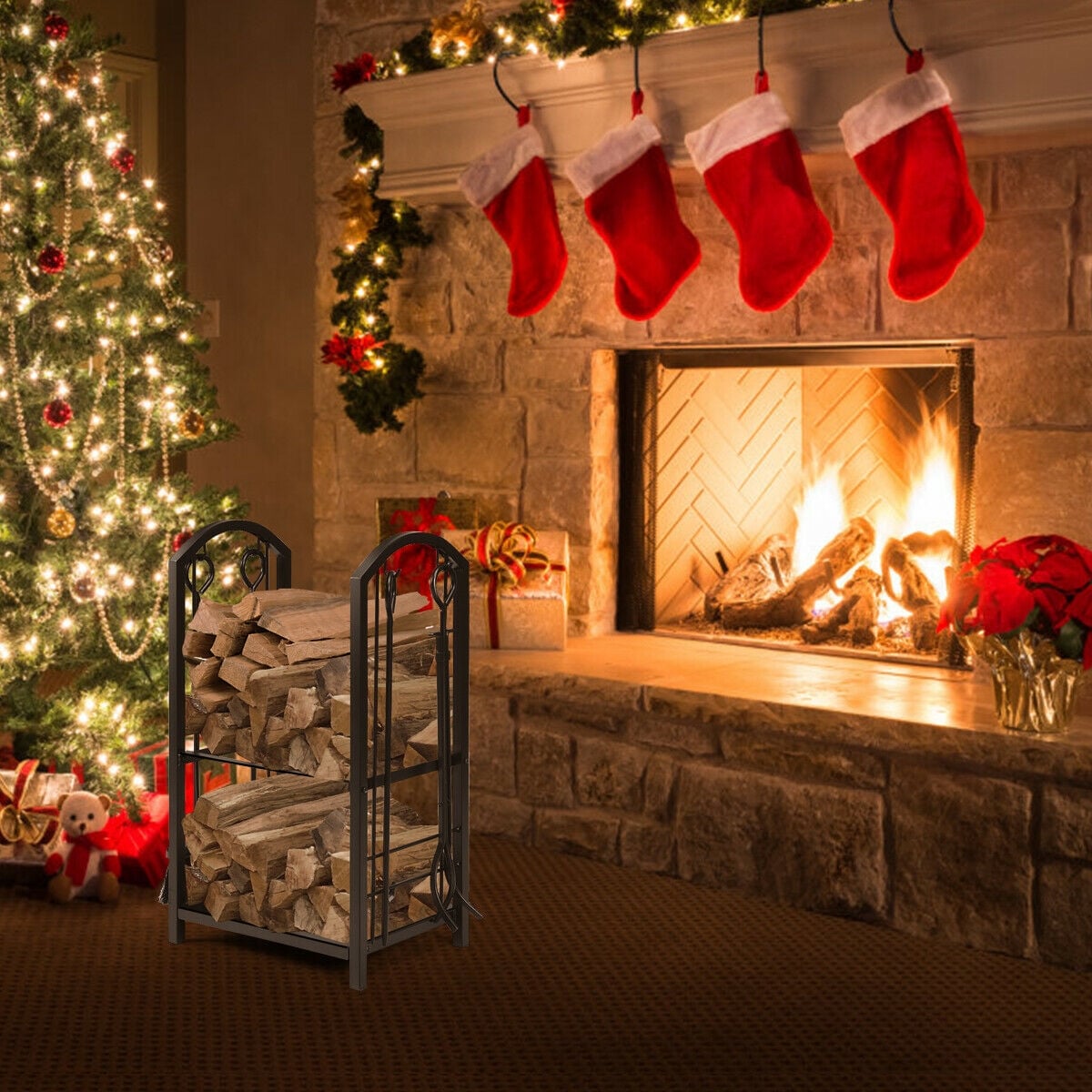 Fireplace Log Rack with 4 Tools Set Fireside Firewood Holder-Log Racks & Carriers-DECOROLALA