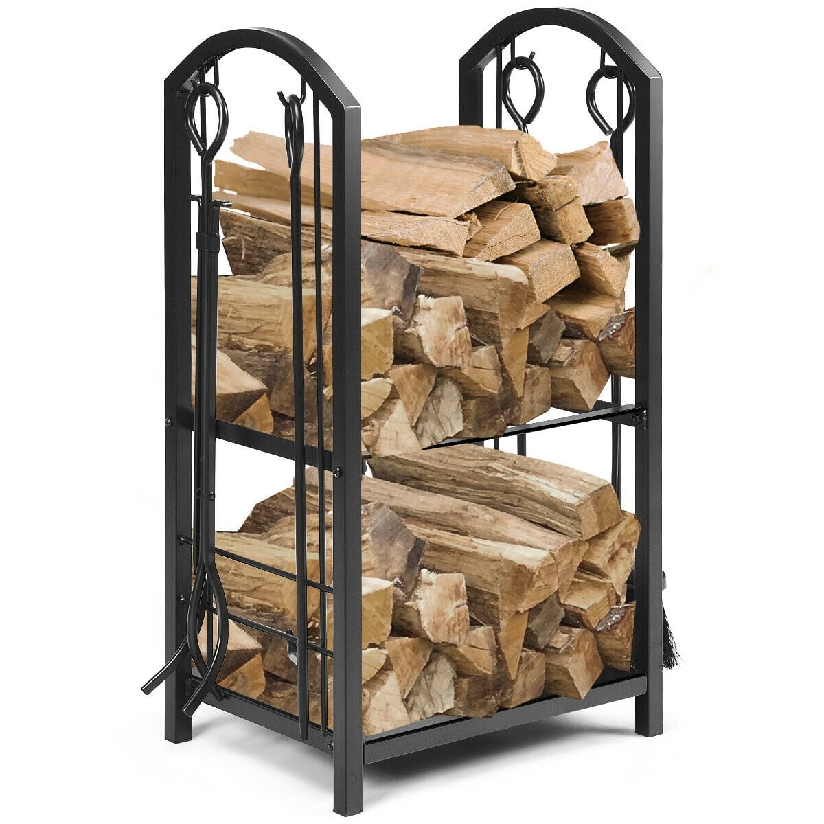 Fireplace Log Rack with 4 Tools Set Fireside Firewood Holder-Log Racks & Carriers-DECOROLALA