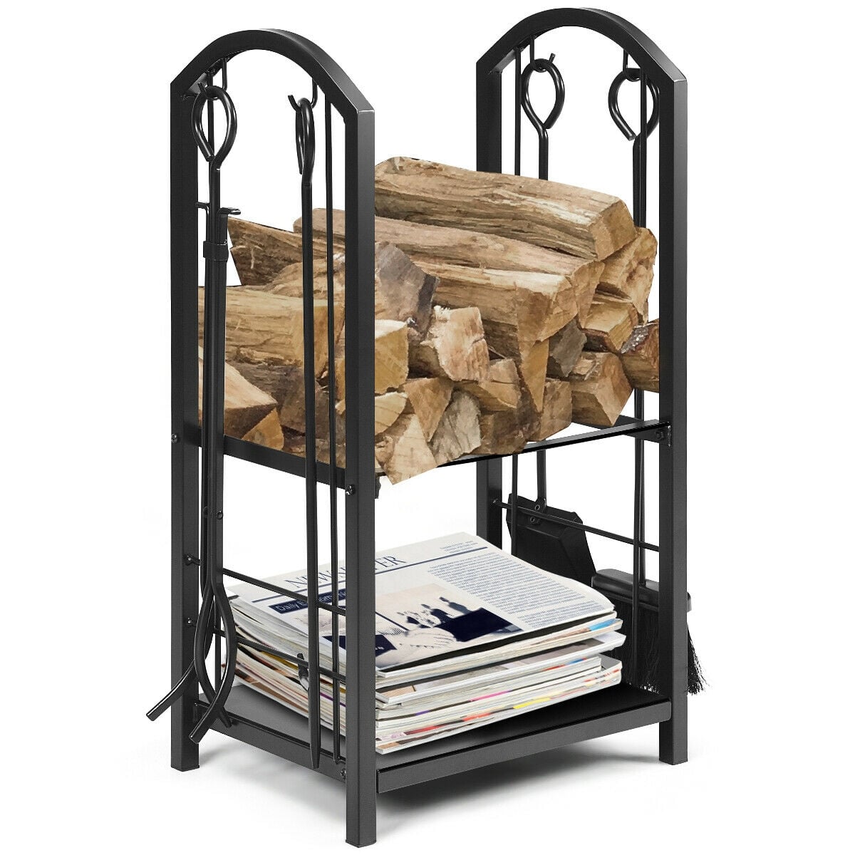 Fireplace Log Rack with 4 Tools Set Fireside Firewood Holder-Log Racks & Carriers-DECOROLALA
