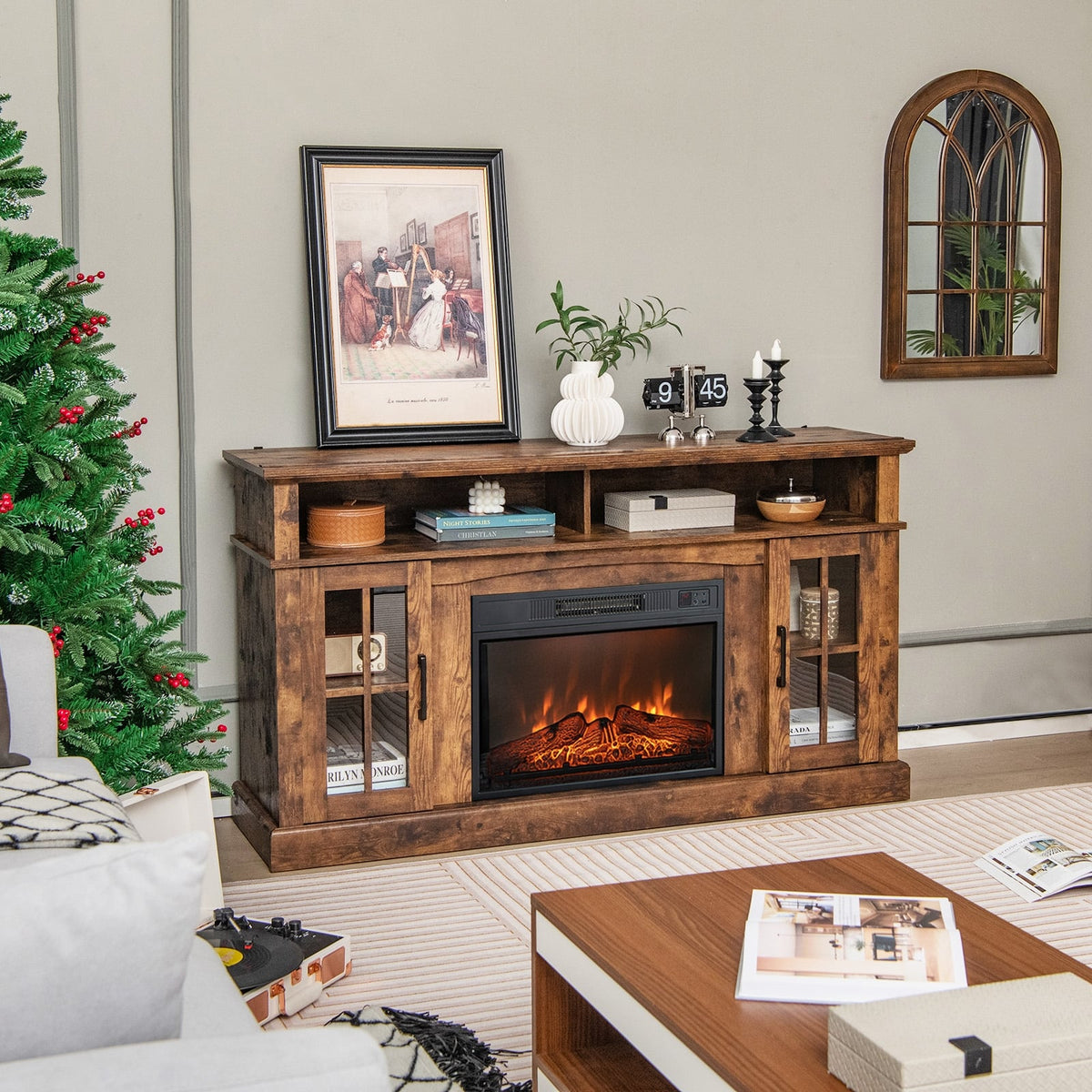 Fireplace TV Stand for TVs Up to 65 Inch with Side Cabinets and Remote Control-Brown-Entertainment Centers & TV Stands-DECOROLALA