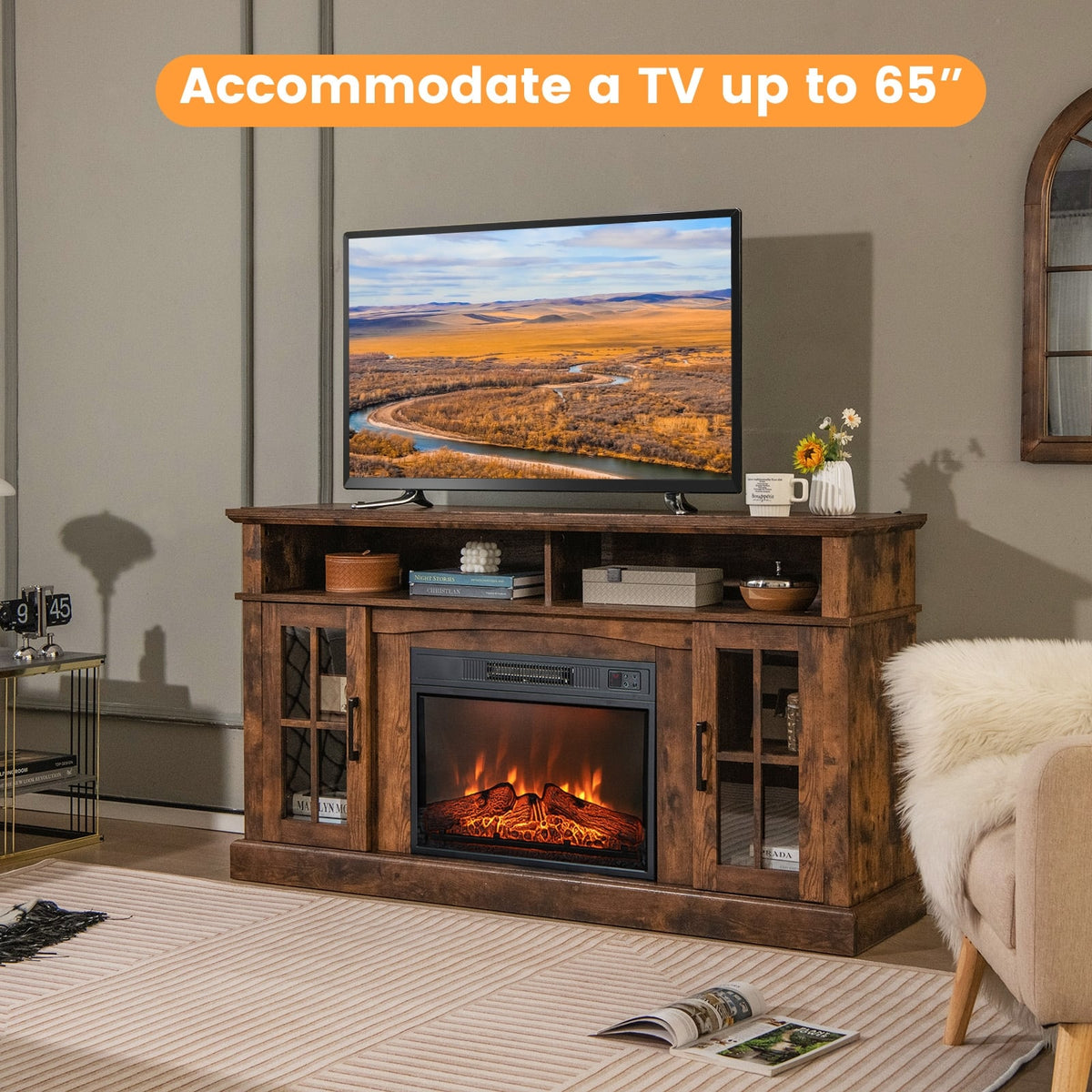 Fireplace TV Stand for TVs Up to 65 Inch with Side Cabinets and Remote Control-Brown-Entertainment Centers & TV Stands-DECOROLALA
