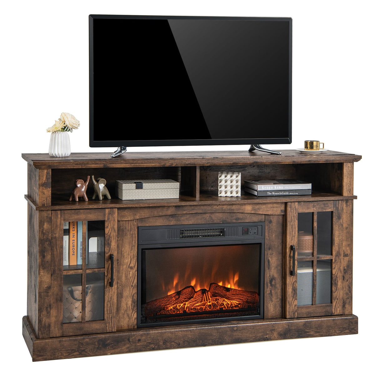 Fireplace TV Stand for TVs Up to 65 Inch with Side Cabinets and Remote Control-Brown-Entertainment Centers & TV Stands-DECOROLALA