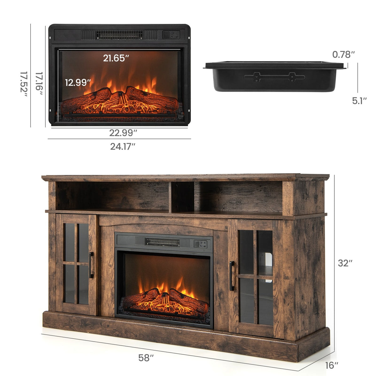 Fireplace TV Stand for TVs Up to 65 Inch with Side Cabinets and Remote Control-Brown-Entertainment Centers & TV Stands-DECOROLALA