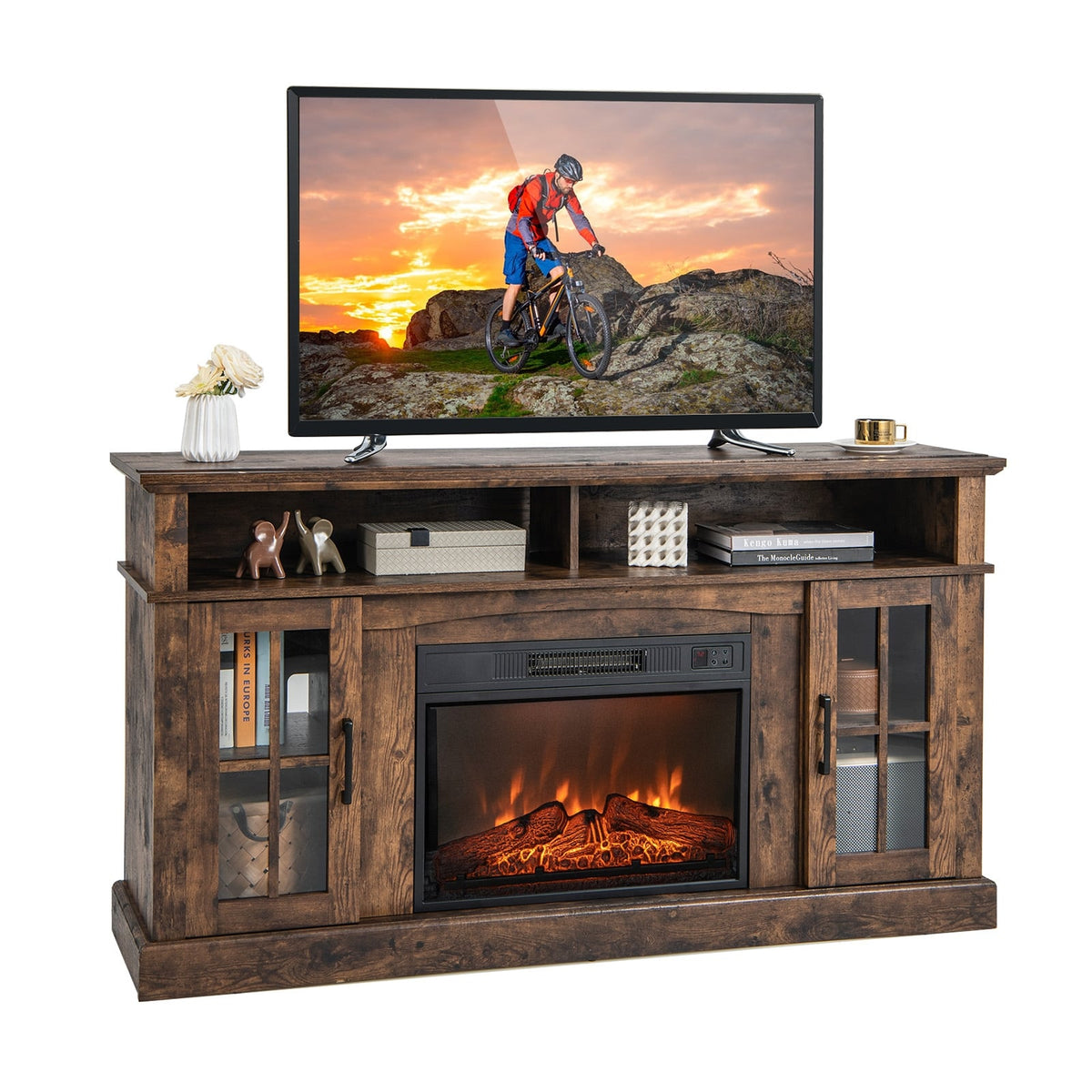 Fireplace TV Stand for TVs Up to 65 Inch with Side Cabinets and Remote Control-Brown-Entertainment Centers & TV Stands-DECOROLALA