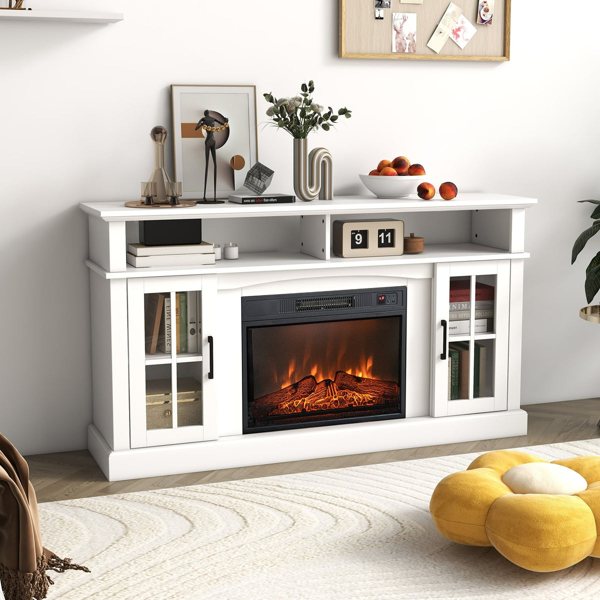 Fireplace TV Stand for TVs Up to 65 Inch with Side Cabinets and Remote Control-White-Entertainment Centers & TV Stands-DECOROLALA