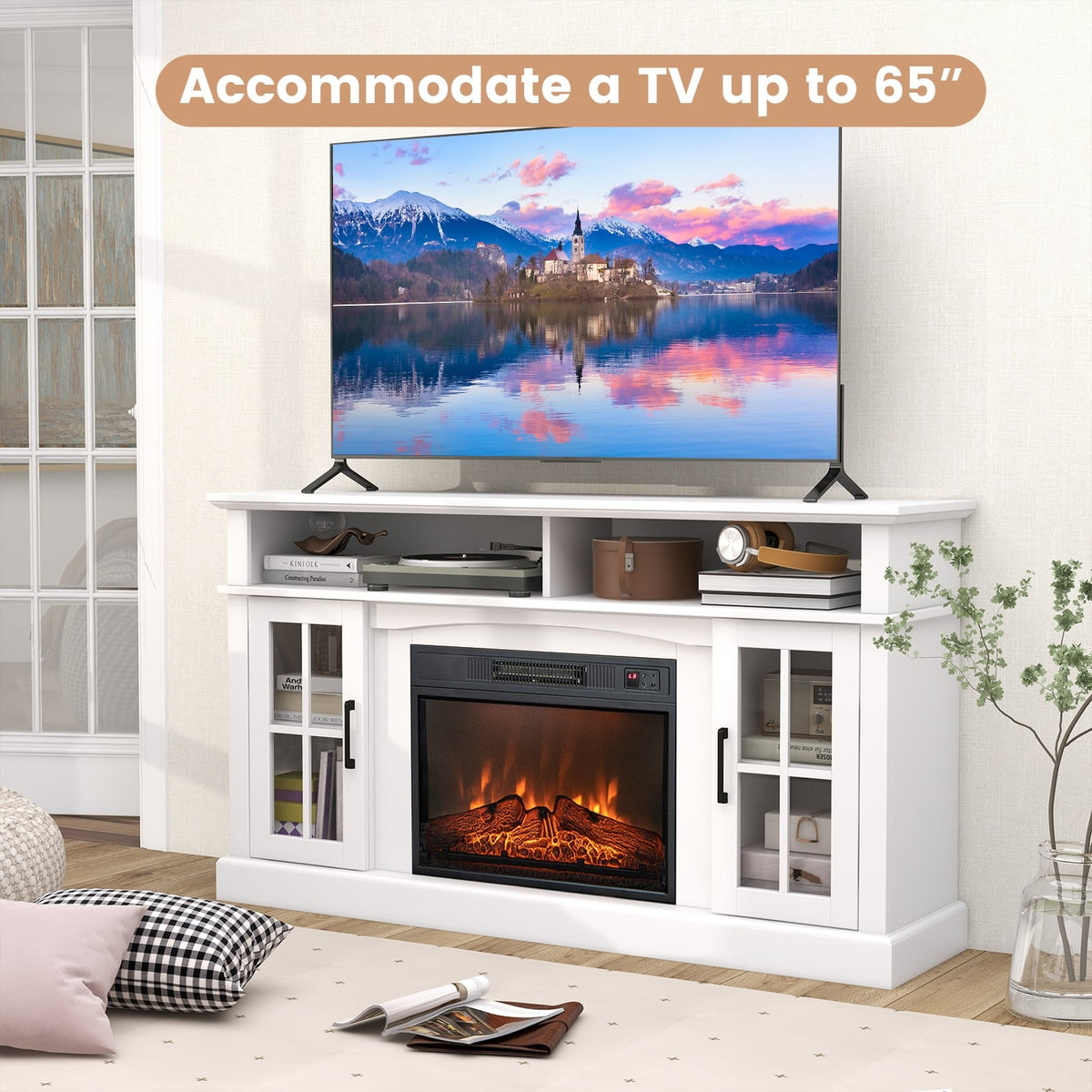 Fireplace TV Stand for TVs Up to 65 Inch with Side Cabinets and Remote Control-White-Entertainment Centers & TV Stands-DECOROLALA