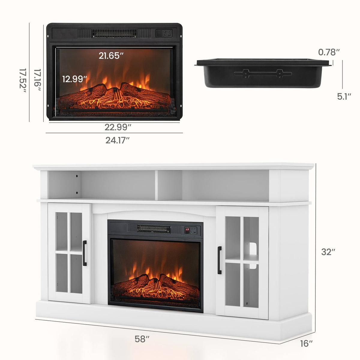 Fireplace TV Stand for TVs Up to 65 Inch with Side Cabinets and Remote Control-White-Entertainment Centers & TV Stands-DECOROLALA