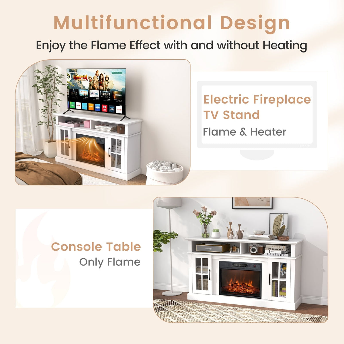 Fireplace TV Stand for TVs Up to 65 Inch with Side Cabinets and Remote Control-White-Entertainment Centers & TV Stands-DECOROLALA
