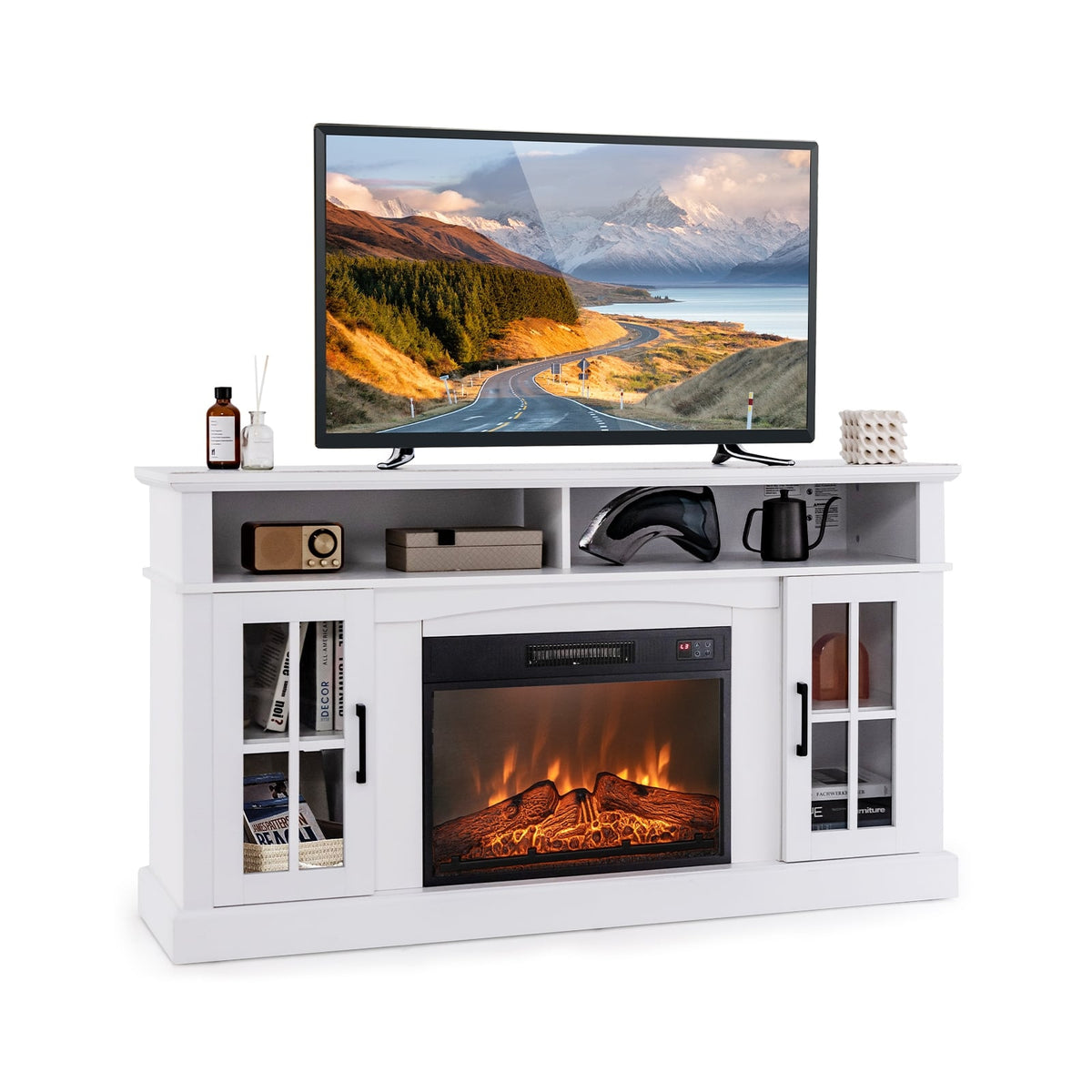 Fireplace TV Stand for TVs Up to 65 Inch with Side Cabinets and Remote Control-White-Entertainment Centers & TV Stands-DECOROLALA