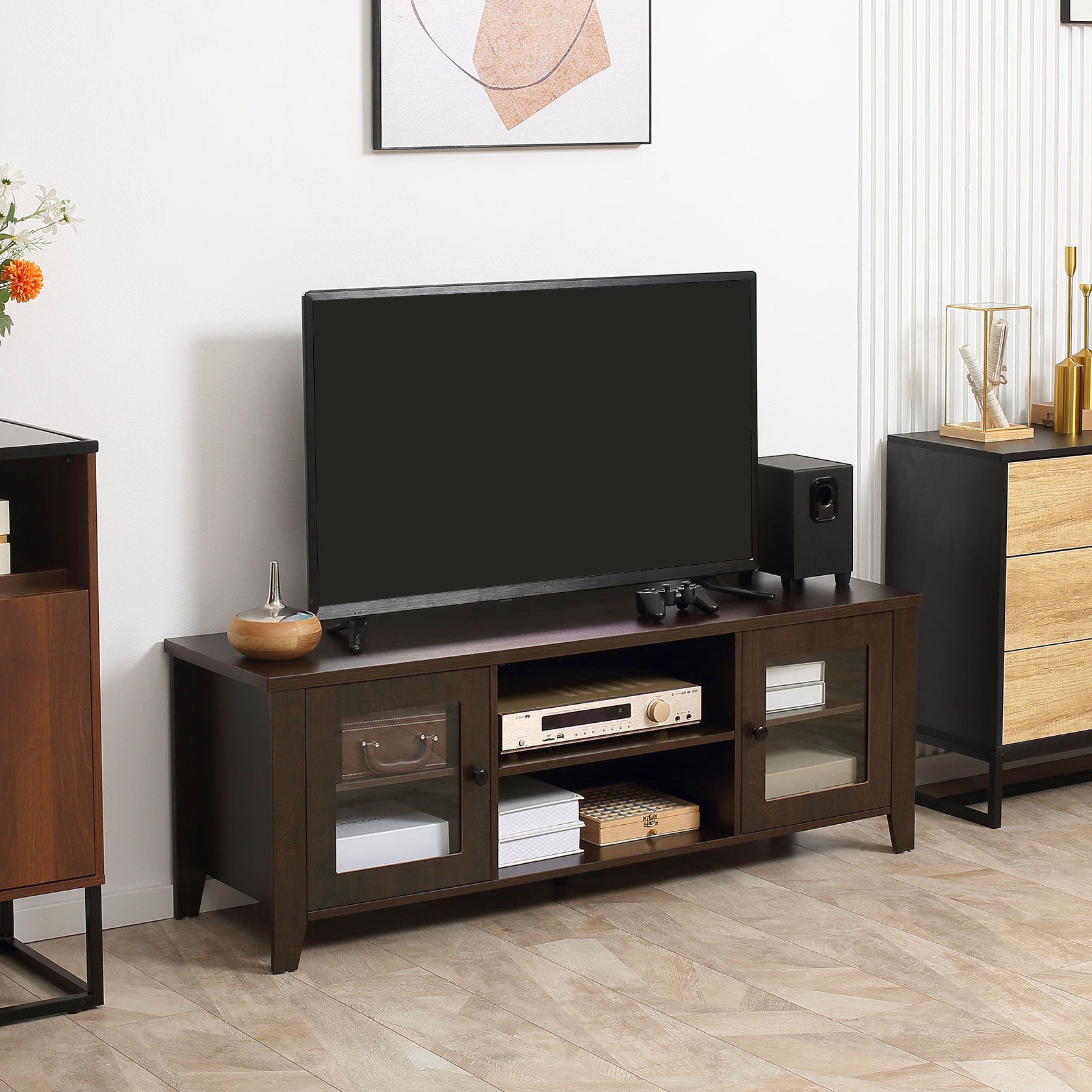 Fireplace TV Stand for TVs up to 60" - Coffee Wood Cabinet-DECOROLALA