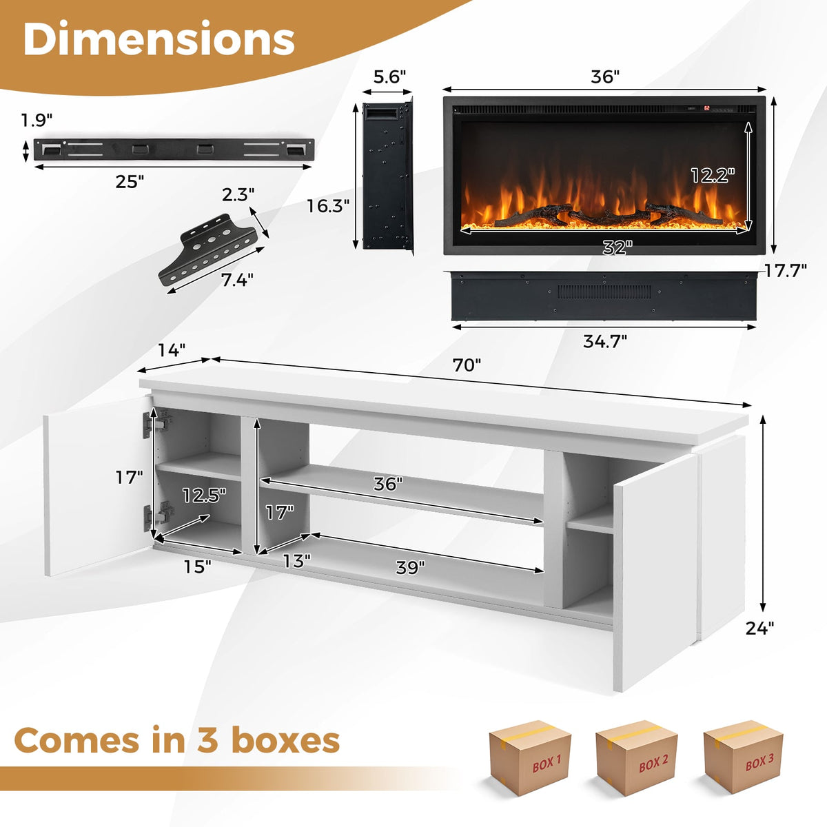 Fireplace TV Stand for TVs up to 80 Inch - 70" Media Console, White-Entertainment Centers & TV Stands-DECOROLALA