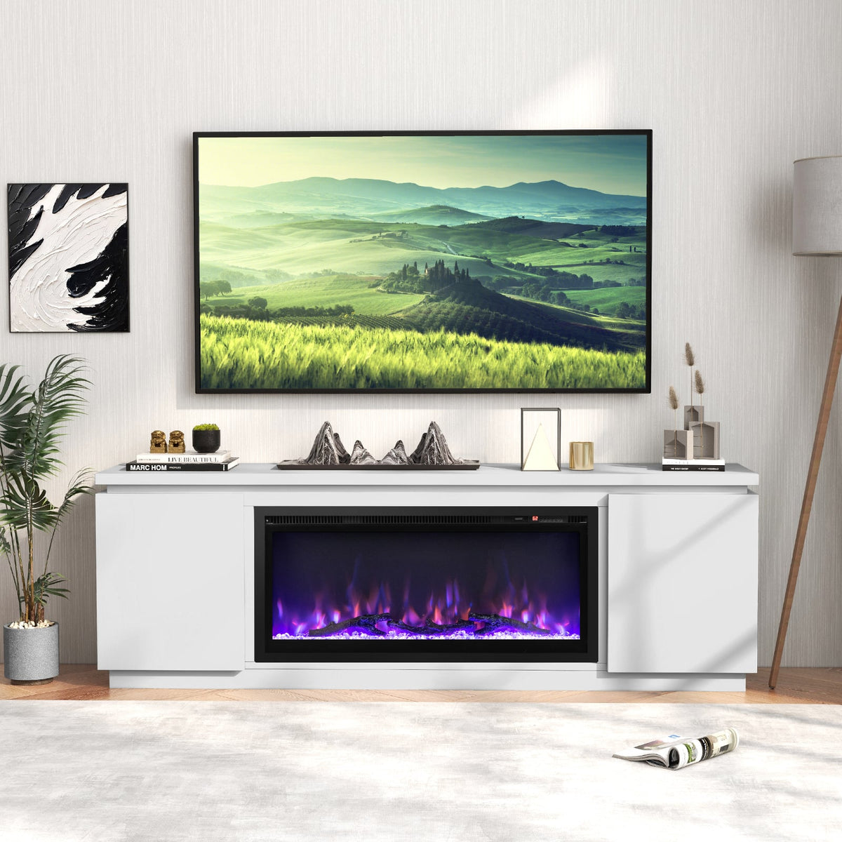 Fireplace TV Stand for TVs up to 80 Inch - 70" Media Console, White-Entertainment Centers & TV Stands-DECOROLALA