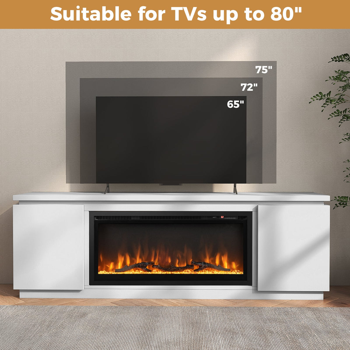 Fireplace TV Stand for TVs up to 80 Inch - 70" Media Console, White-Entertainment Centers & TV Stands-DECOROLALA