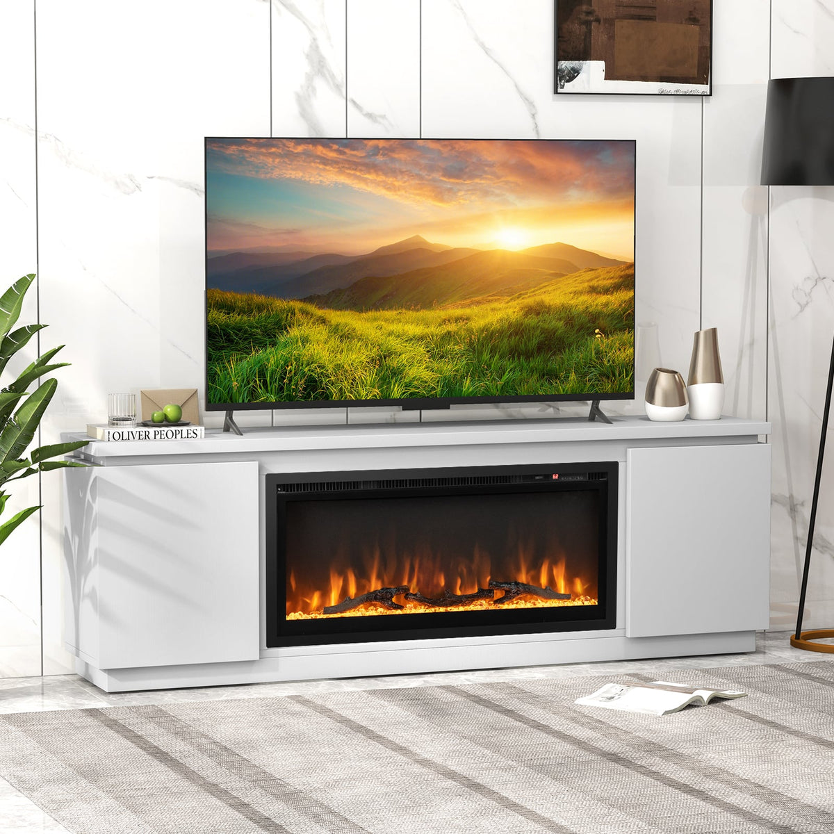 Fireplace TV Stand for TVs up to 80 Inch with 3 Adjustable Shelves-White-Entertainment Centers & TV Stands-DECOROLALA