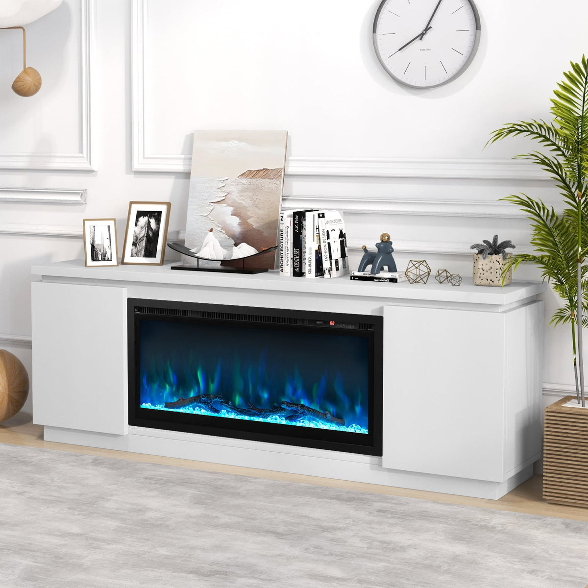 Fireplace TV Stand for TVs up to 80 Inch with 3 Adjustable Shelves-White-Entertainment Centers & TV Stands-DECOROLALA