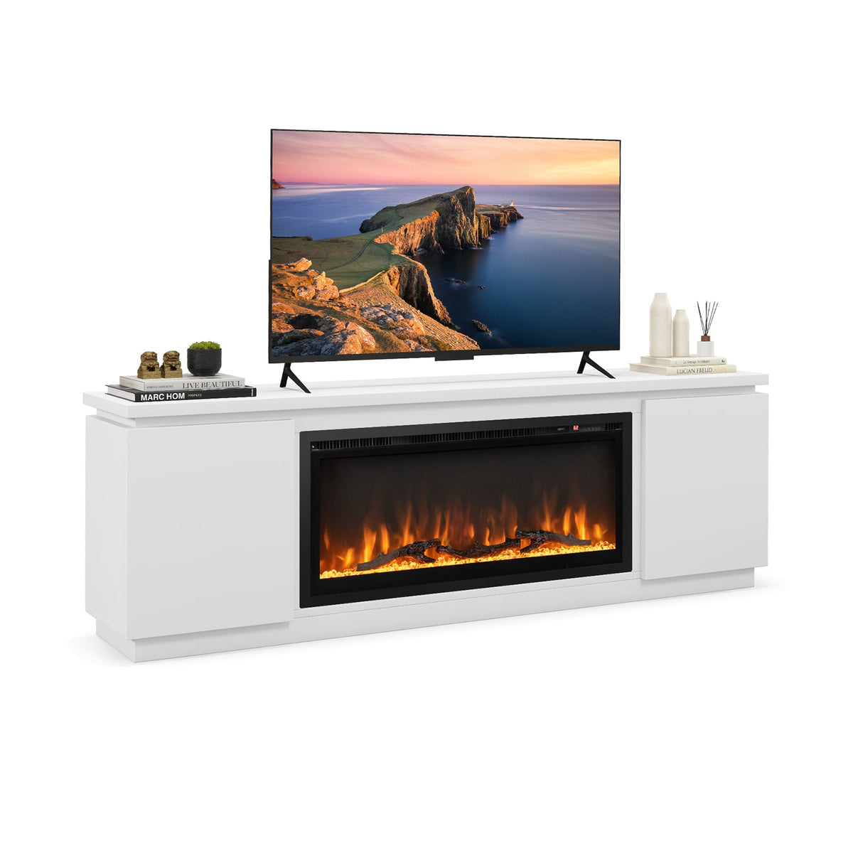 Fireplace TV Stand for TVs up to 80 Inch with 3 Adjustable Shelves-White-Entertainment Centers & TV Stands-DECOROLALA