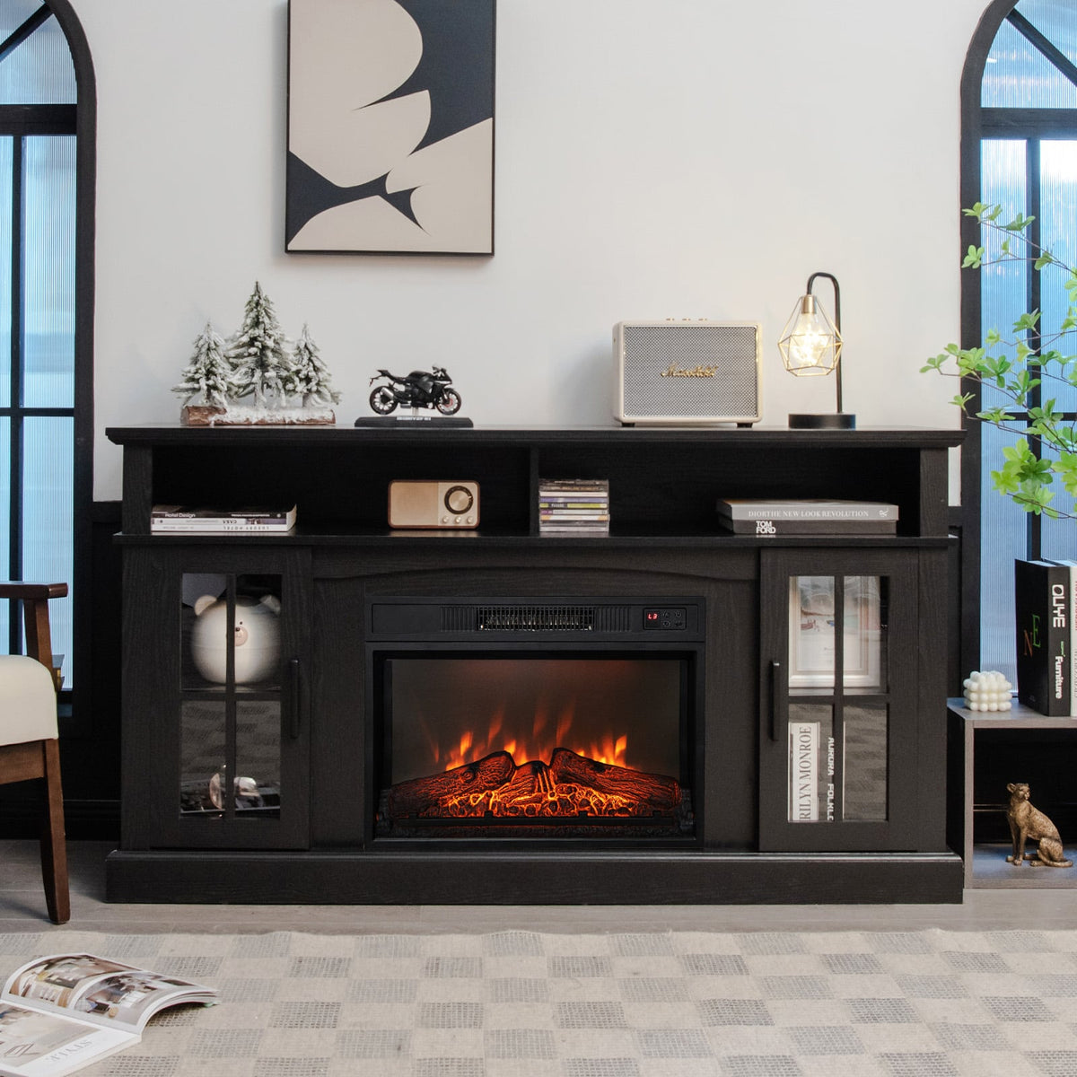 Fireplace TV Stand with 1400W Electric Fireplace-Black-Entertainment Centers & TV Stands-DECOROLALA