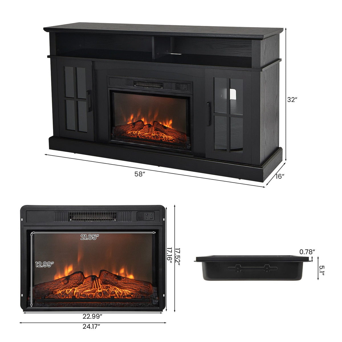Fireplace TV Stand with 1400W Electric Fireplace-Black-Entertainment Centers & TV Stands-DECOROLALA