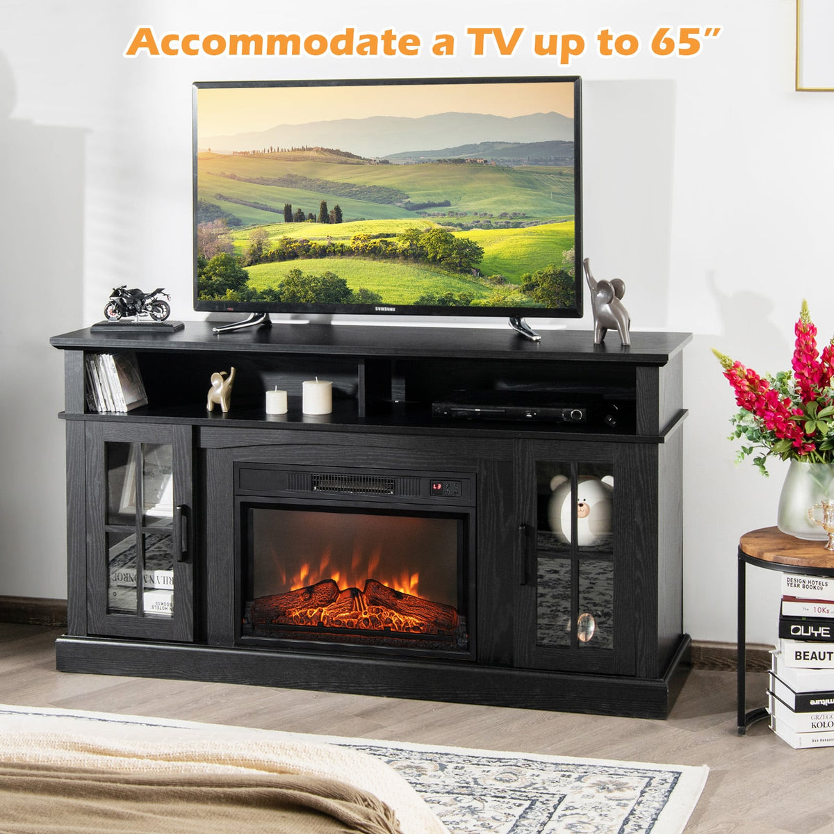 Fireplace TV Stand with 1400W Electric Fireplace-Black-Entertainment Centers & TV Stands-DECOROLALA
