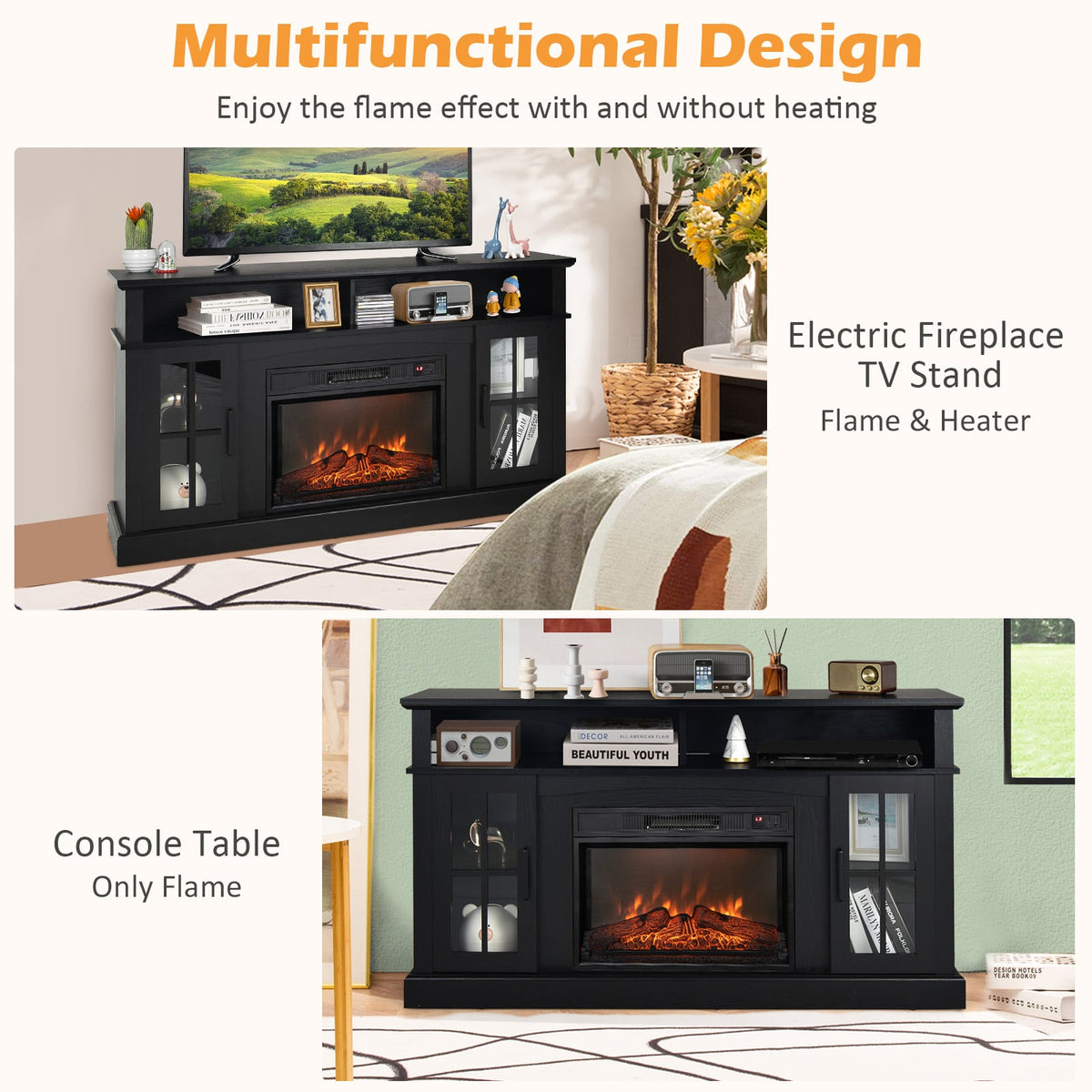 Fireplace TV Stand with 1400W Electric Fireplace-Black-Entertainment Centers & TV Stands-DECOROLALA