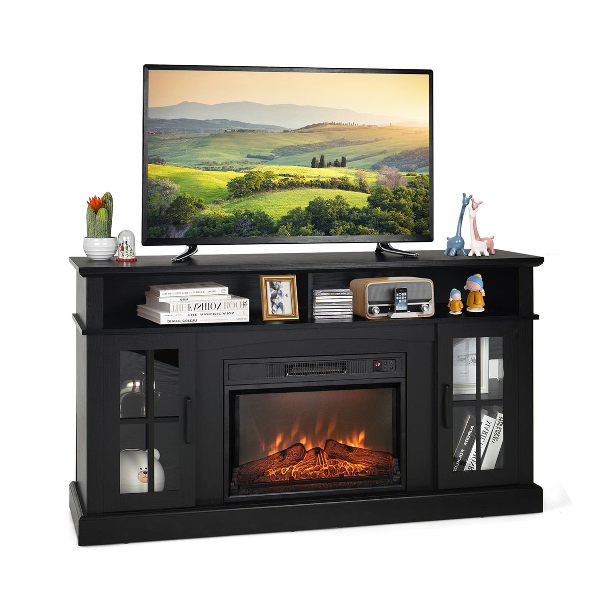 Fireplace TV Stand with 1400W Electric Fireplace-Black-Entertainment Centers & TV Stands-DECOROLALA