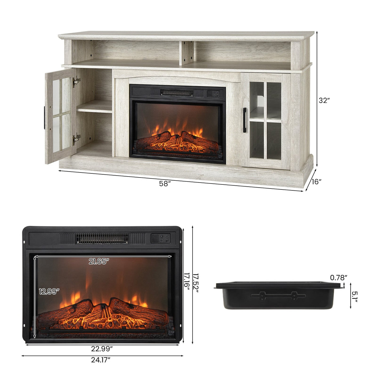 Fireplace TV Stand with 1400W Electric Fireplace-Gray-Entertainment Centers & TV Stands-DECOROLALA