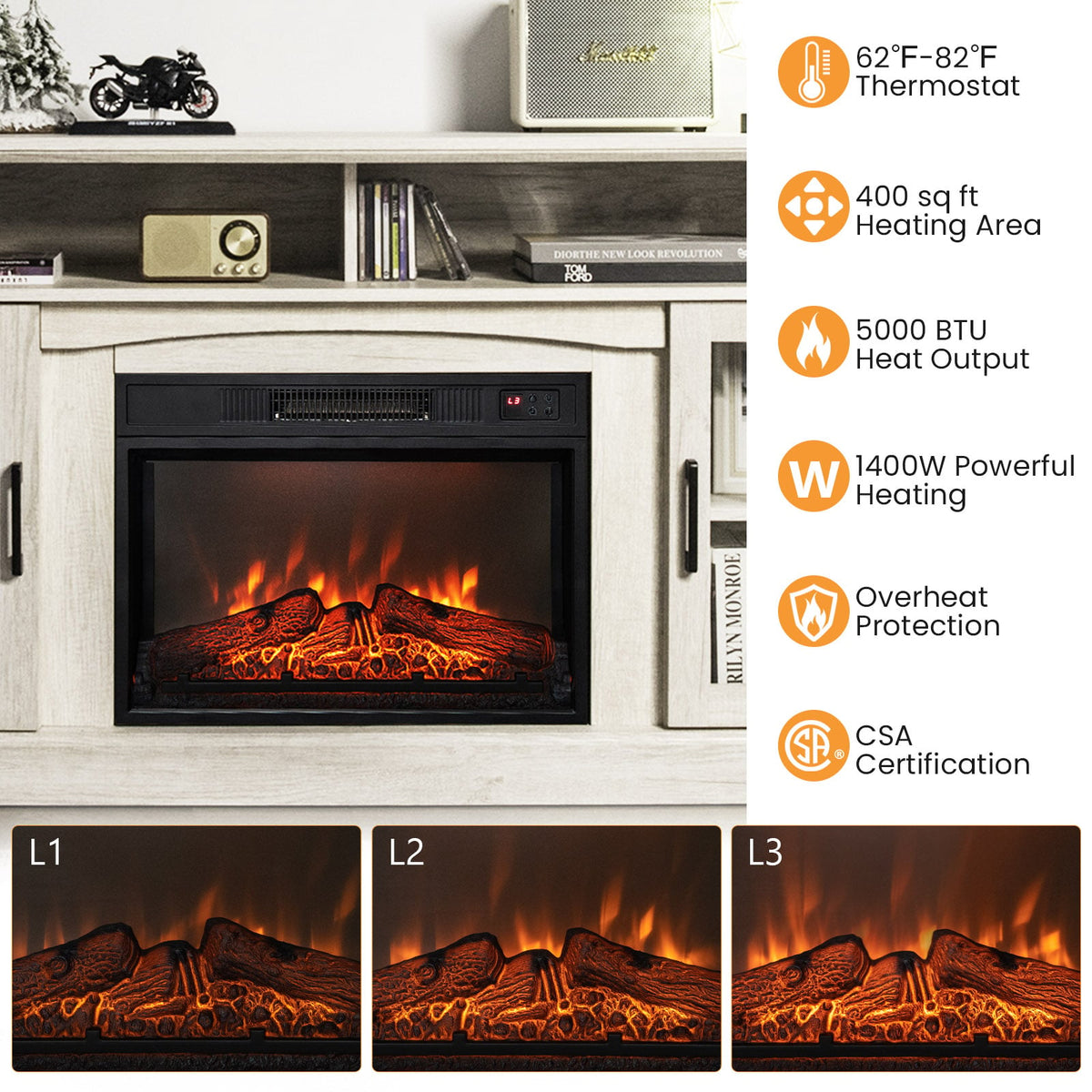 Fireplace TV Stand with 1400W Electric Fireplace-Gray-Entertainment Centers & TV Stands-DECOROLALA