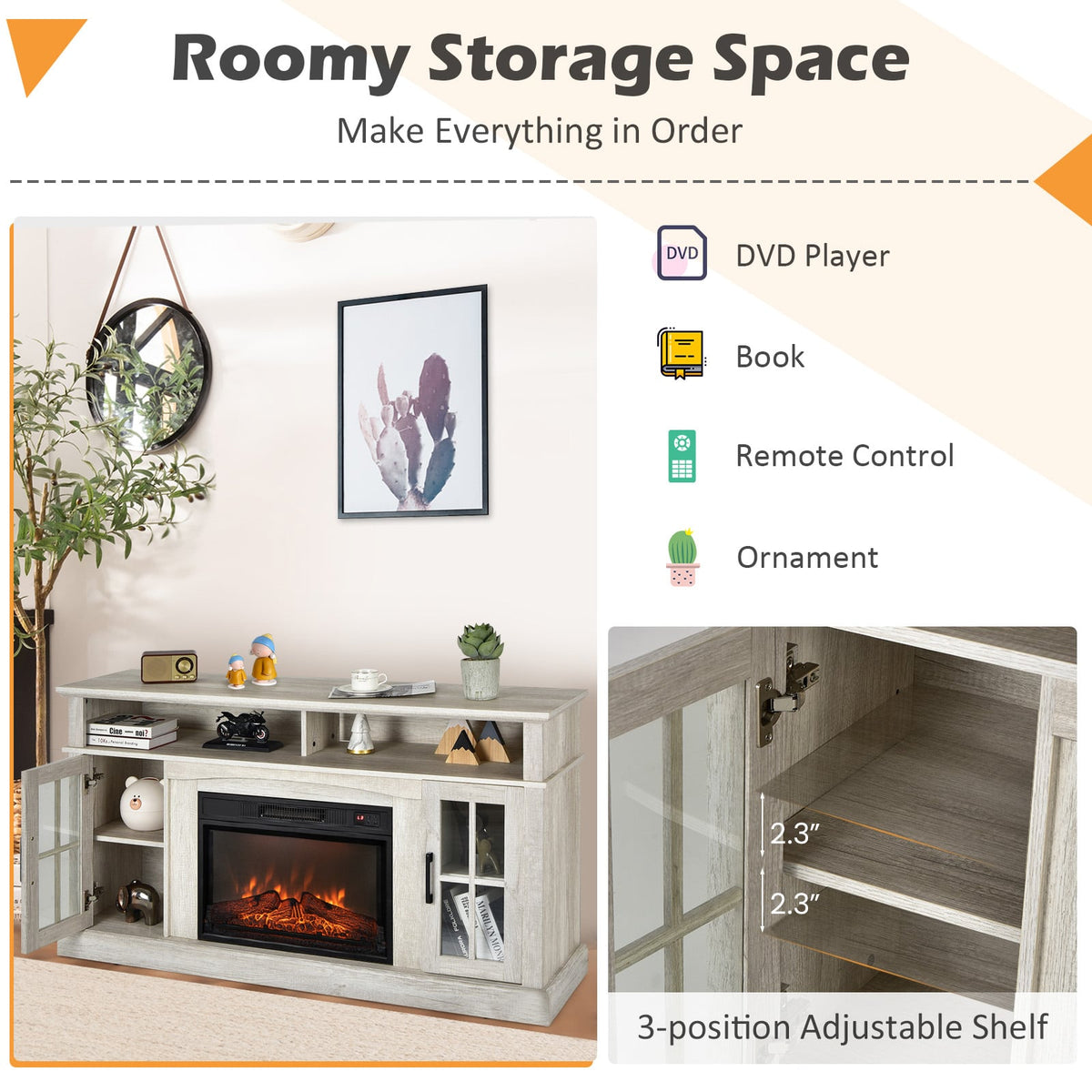 Fireplace TV Stand with 1400W Electric Fireplace-Gray-Entertainment Centers & TV Stands-DECOROLALA