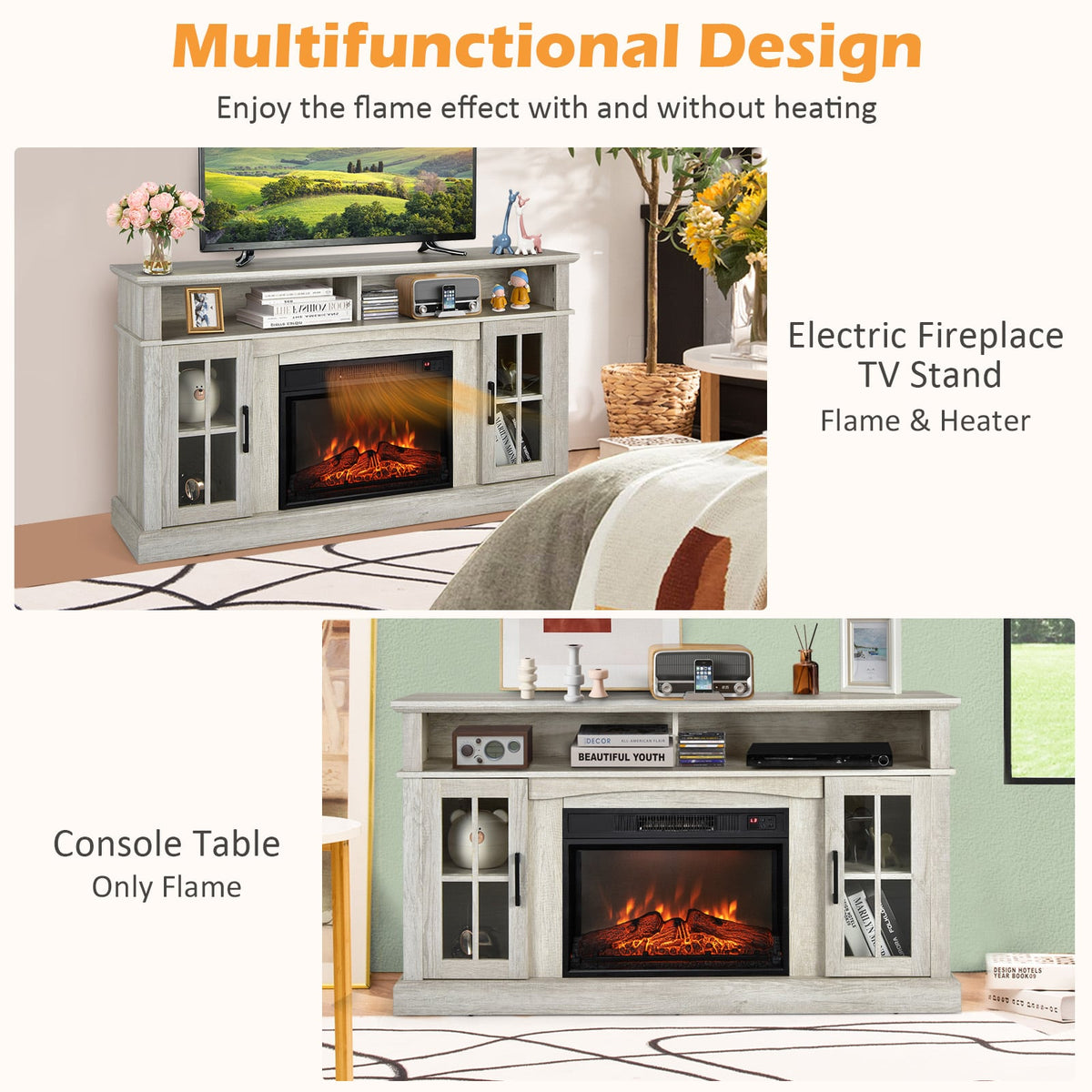 Fireplace TV Stand with 1400W Electric Fireplace-Gray-Entertainment Centers & TV Stands-DECOROLALA