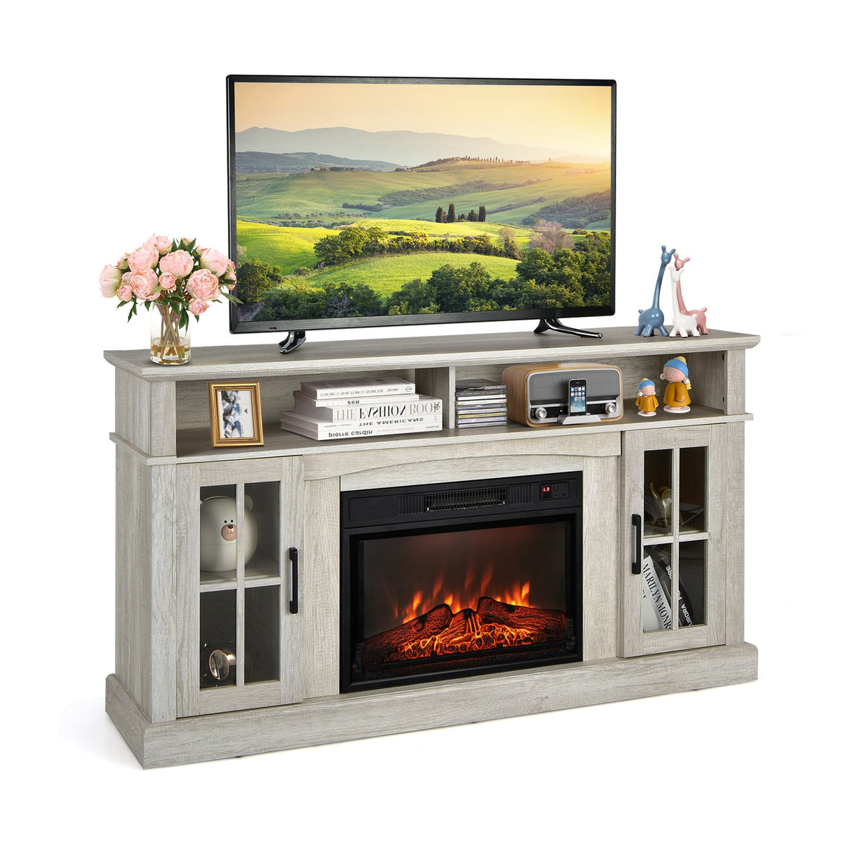 Fireplace TV Stand with 1400W Electric Fireplace-Gray-Entertainment Centers & TV Stands-DECOROLALA
