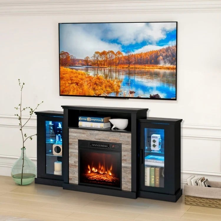 Fireplace TV Stand with 16-Color Led Lights for TVs up to 65 Inch-Black-Entertainment Centers & TV Stands-DECOROLALA