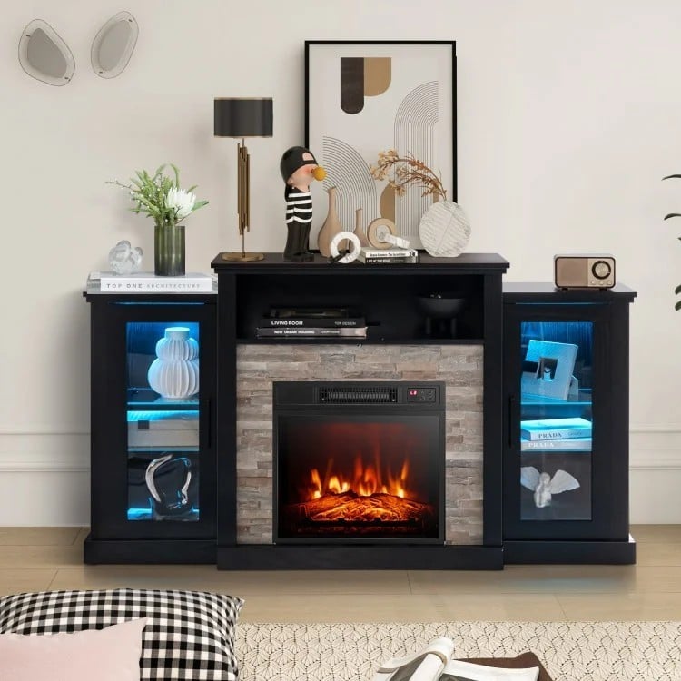 Fireplace TV Stand with 16-Color Led Lights for TVs up to 65 Inch-Black-Entertainment Centers & TV Stands-DECOROLALA