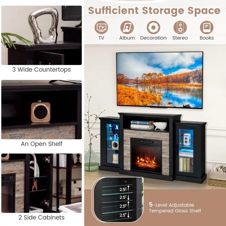 Fireplace TV Stand with 16-Color Led Lights for TVs up to 65 Inch-Black-Entertainment Centers & TV Stands-DECOROLALA