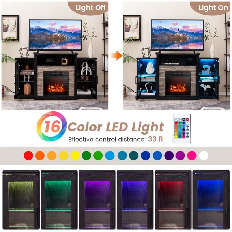Fireplace TV Stand with 16-Color Led Lights for TVs up to 65 Inch-Black-Entertainment Centers & TV Stands-DECOROLALA