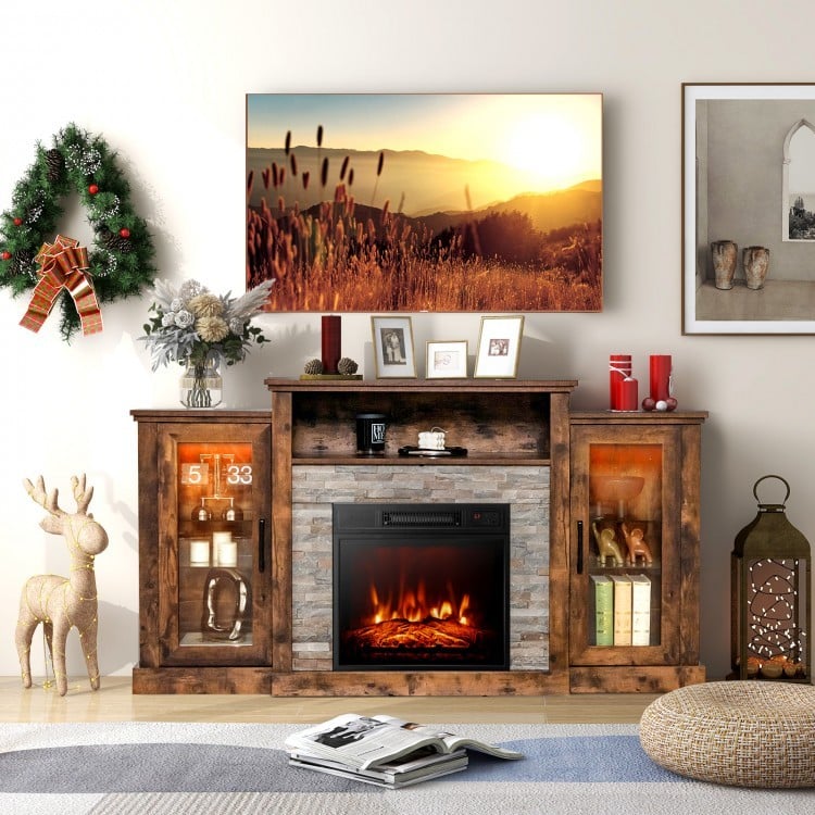 Fireplace TV Stand with 16-Color Led Lights for TVs up to 65 Inch-Brown-Entertainment Centers & TV Stands-DECOROLALA