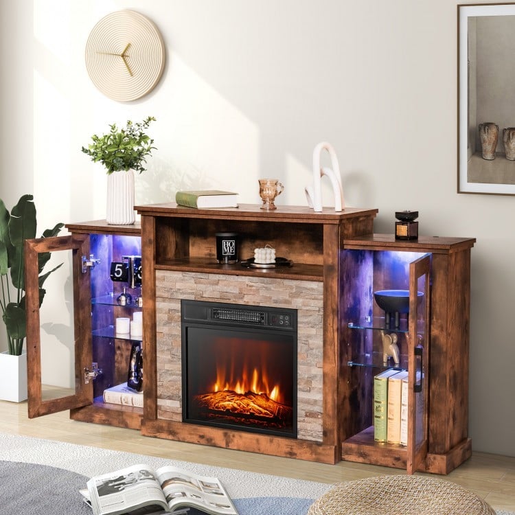 Fireplace TV Stand with 16-Color Led Lights for TVs up to 65 Inch-Brown-Entertainment Centers & TV Stands-DECOROLALA