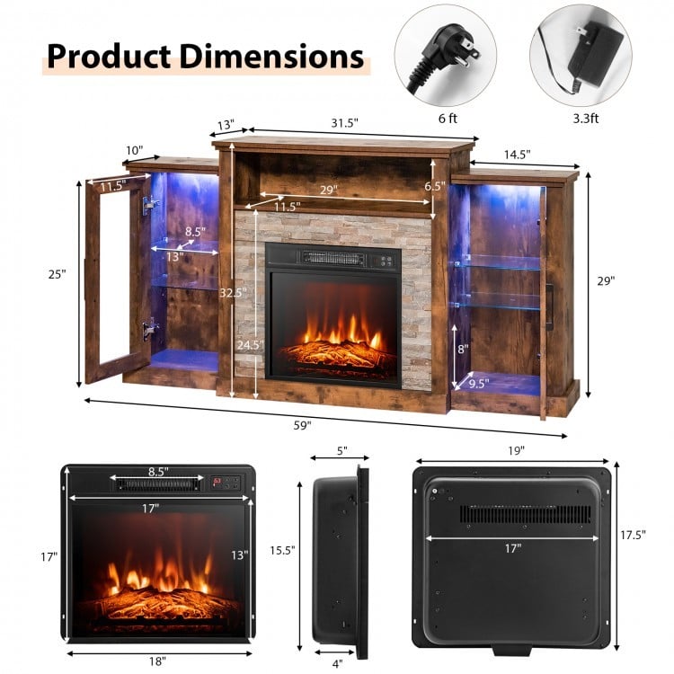 Fireplace TV Stand with 16-Color Led Lights for TVs up to 65 Inch-Brown-Entertainment Centers & TV Stands-DECOROLALA