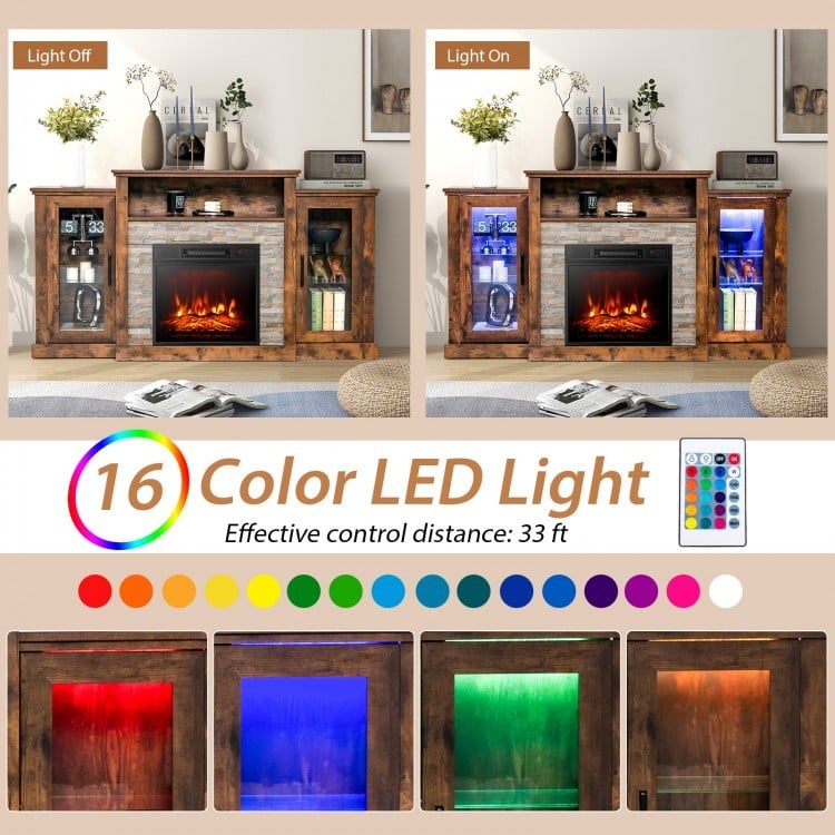 Fireplace TV Stand with 16-Color Led Lights for TVs up to 65 Inch-Brown-Entertainment Centers & TV Stands-DECOROLALA