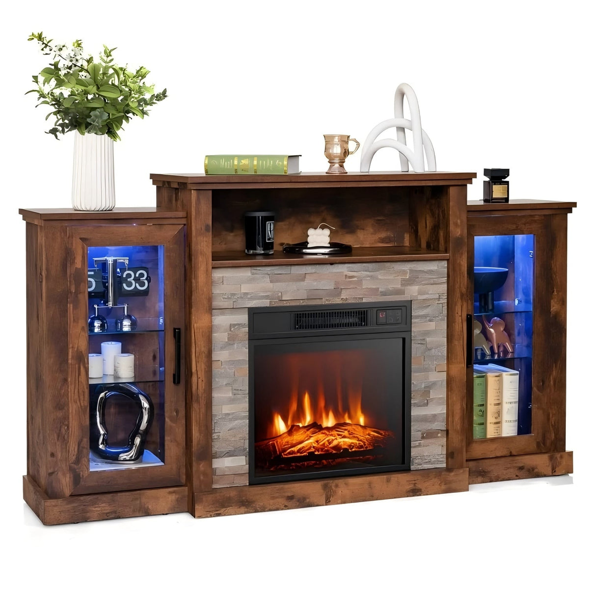 Fireplace TV Stand with 16-Color Led Lights for TVs up to 65 Inch-Brown-Entertainment Centers & TV Stands-DECOROLALA