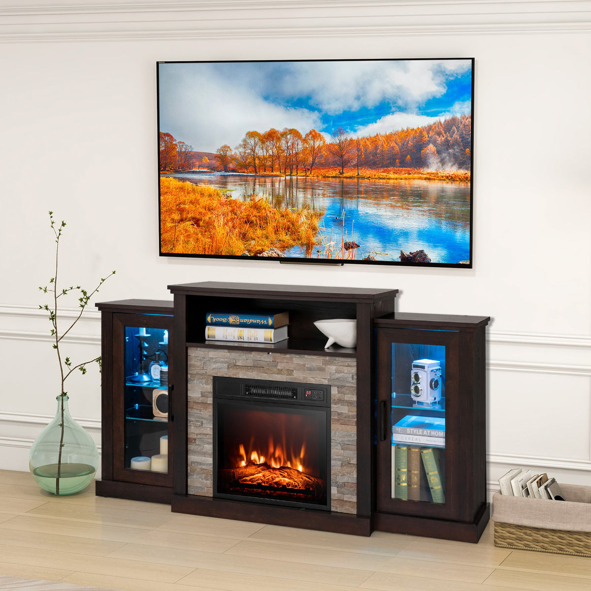 Fireplace TV Stand with 16-Color Led Lights for TVs up to 65 Inch-Dark Brown-Entertainment Centers & TV Stands-DECOROLALA