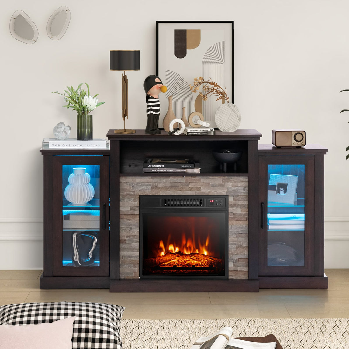 Fireplace TV Stand with 16-Color Led Lights for TVs up to 65 Inch-Dark Brown-Entertainment Centers & TV Stands-DECOROLALA