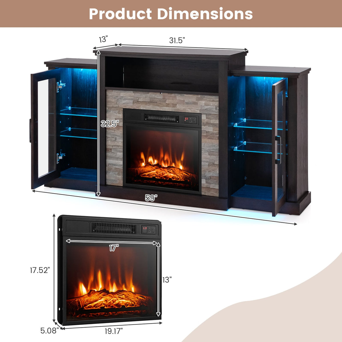 Fireplace TV Stand with 16-Color Led Lights for TVs up to 65 Inch-Dark Brown-Entertainment Centers & TV Stands-DECOROLALA