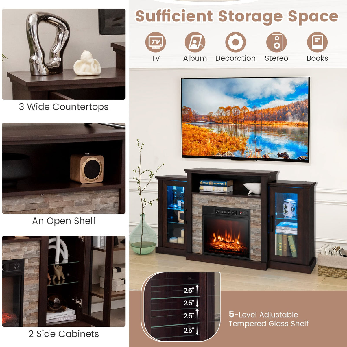 Fireplace TV Stand with 16-Color Led Lights for TVs up to 65 Inch-Dark Brown-Entertainment Centers & TV Stands-DECOROLALA