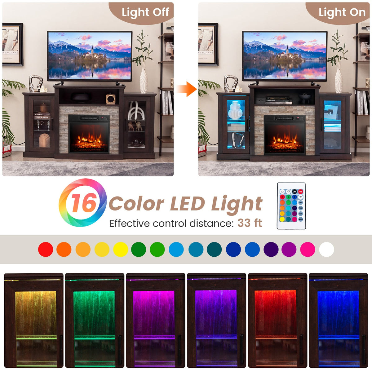 Fireplace TV Stand with 16-Color Led Lights for TVs up to 65 Inch-Dark Brown-Entertainment Centers & TV Stands-DECOROLALA