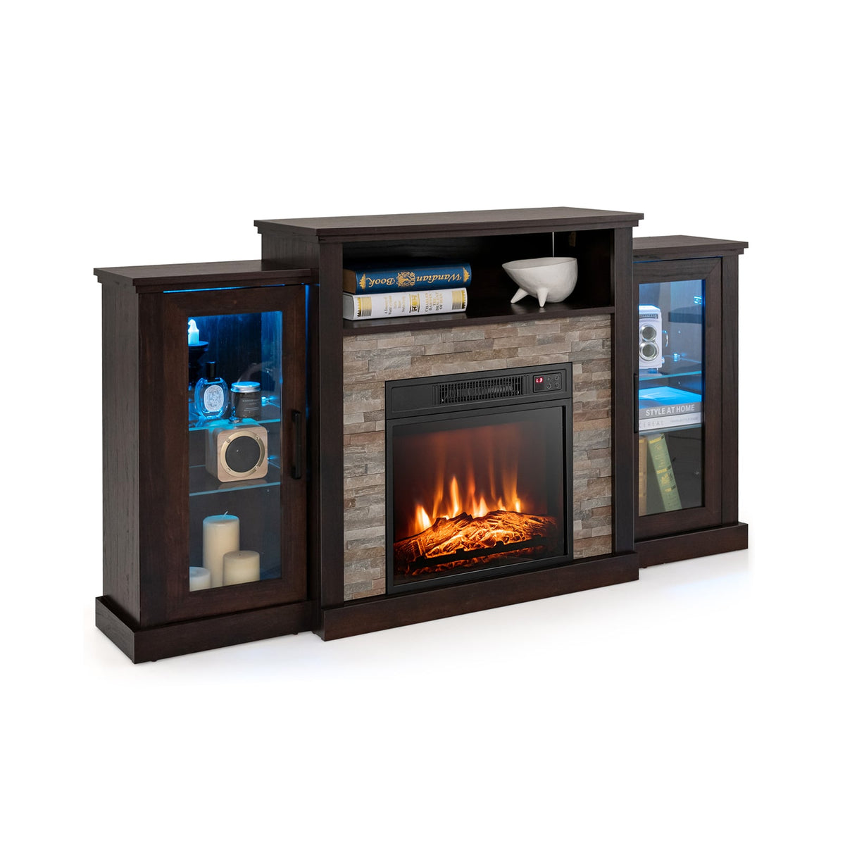Fireplace TV Stand with 16-Color Led Lights for TVs up to 65 Inch-Dark Brown-Entertainment Centers & TV Stands-DECOROLALA