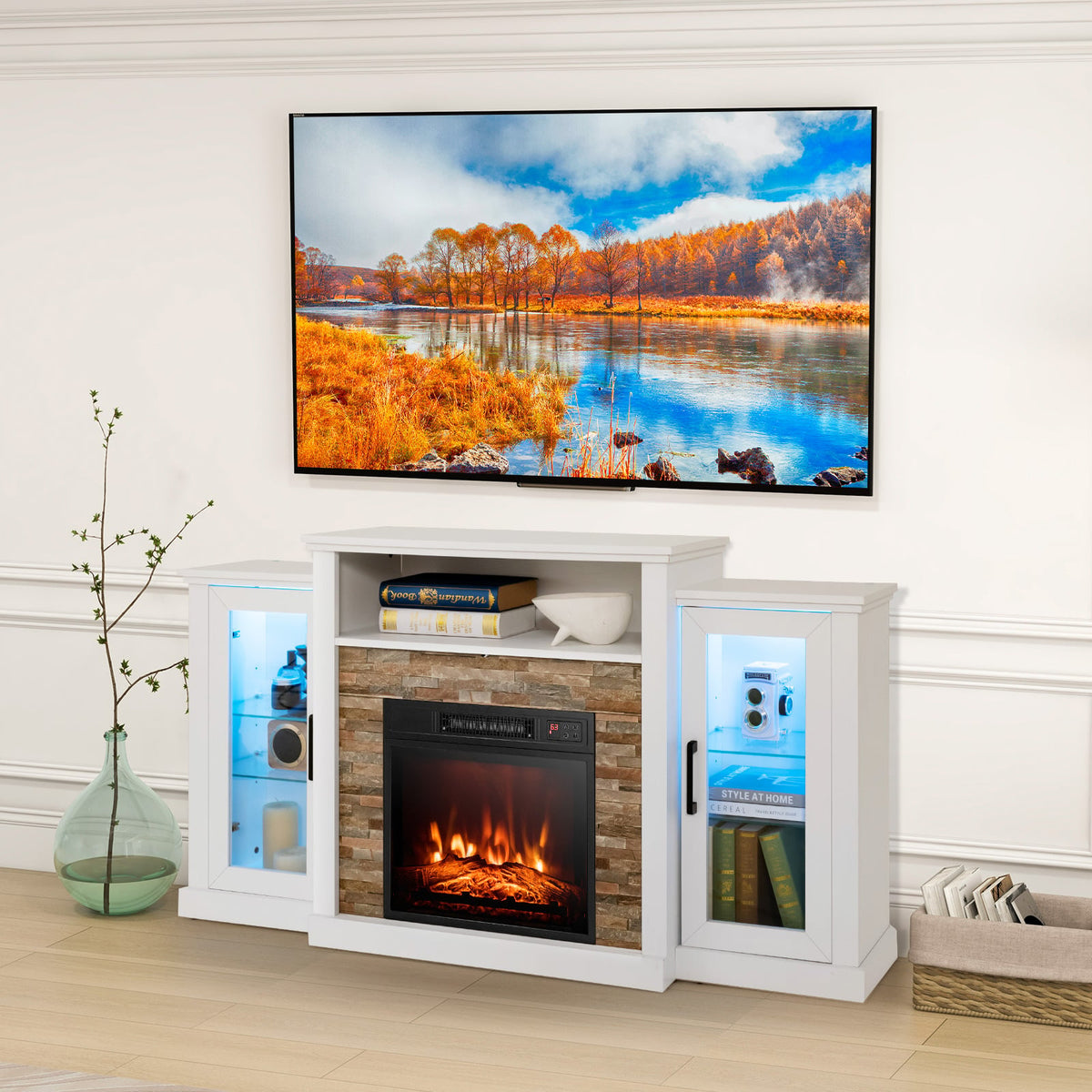 Fireplace TV Stand with 16-Color Led Lights for TVs up to 65 Inch-White-Entertainment Centers & TV Stands-DECOROLALA
