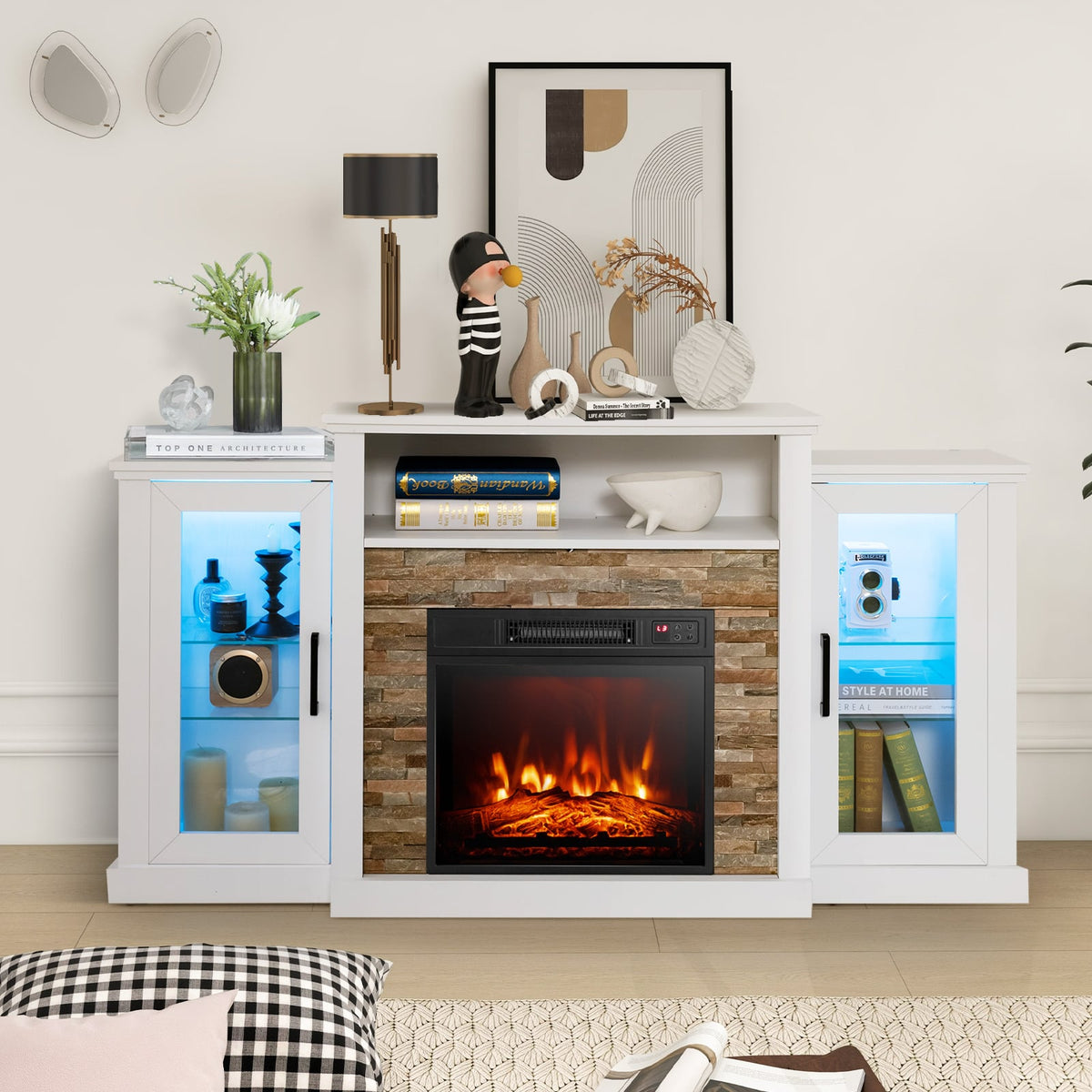 Fireplace TV Stand with 16-Color Led Lights for TVs up to 65 Inch-White-Entertainment Centers & TV Stands-DECOROLALA