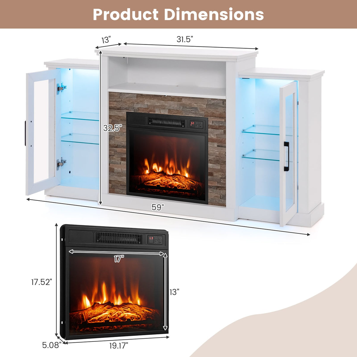 Fireplace TV Stand with 16-Color Led Lights for TVs up to 65 Inch-White-Entertainment Centers & TV Stands-DECOROLALA