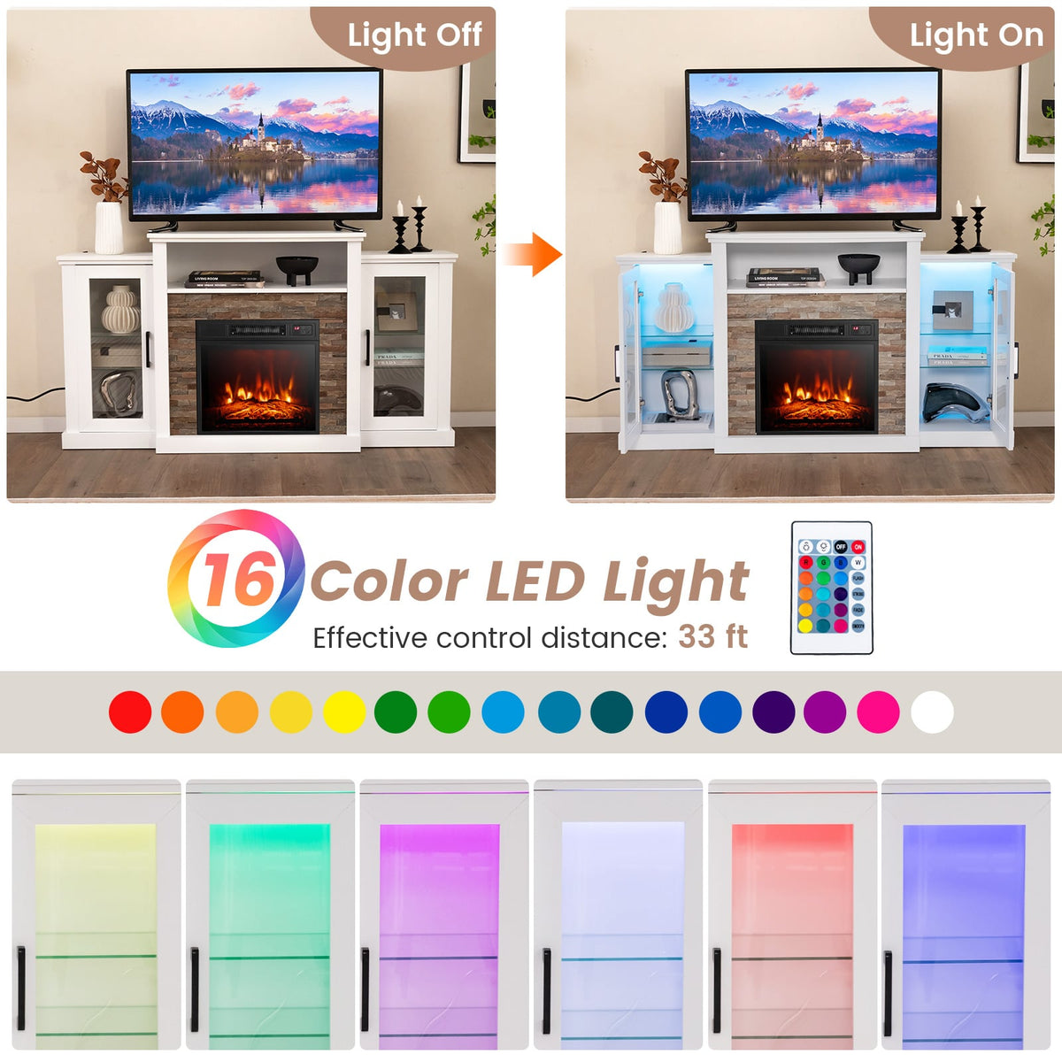 Fireplace TV Stand with 16-Color Led Lights for TVs up to 65 Inch-White-Entertainment Centers & TV Stands-DECOROLALA